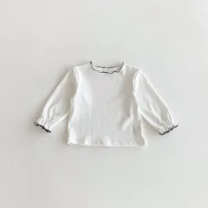 Baby girls white long sleeve ribbed top with black lettuce trim, sweet style toddler autumn wear.