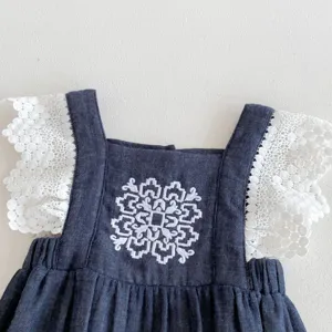 Detalle de vestido de bebé niña, mangas de encaje blanco, elegante bordado geométrico.