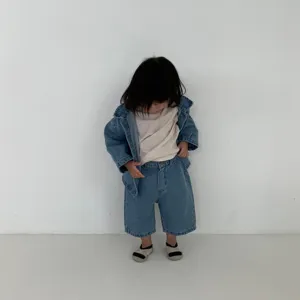 Korean style toddler denim jacket and shorts set with striped t-shirt for daily wear.