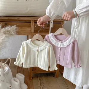 Cute baby infant knit cardigan sweater with delicate lace collar, sweet style toddler autumn top.