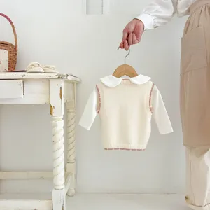 Baby knit vest set, cute toddler autumn sweater with collar, soft cotton kids apparel detail view.