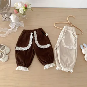 Toddler Girls Spring Corduroy Pants Korean Style Cute Lace Cuffed Trousers Infant Baby Casual Solid Color Long Pants