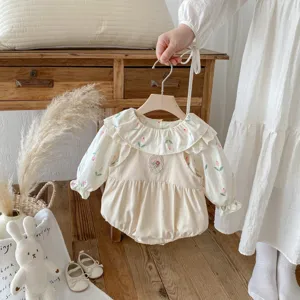 Neonato bambina set camicetta floreale manica lunga tutina autunno grazioso colletto volant.