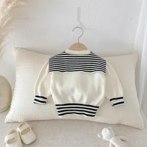 Cute baby knit sweater with sailor collar and black stripes, soft cotton infant cardigan.