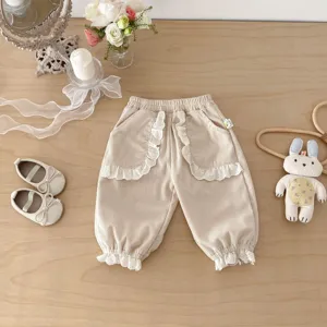 Korean style toddler girl corduroy pants cute baby casual ruffle trousers for spring.