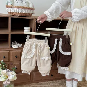 Toddler girls corduroy pants cute lace ruffle casual trousers spring kids apparel