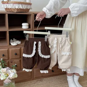 Korean style toddler girls corduroy pants cute lace ruffle cuffed casual trousers spring wear