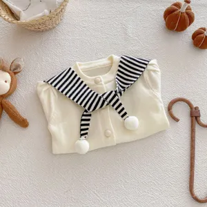 Infant striped sailor collar knit cardigan detail view, cute baby sweater for autumn and winter