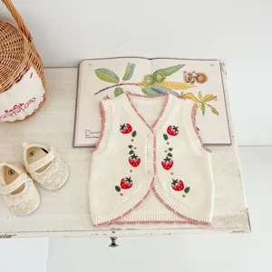 Cute baby girls knit vest with strawberry embroidery, sweet sleeveless cardigan for toddlers.