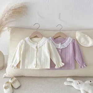 Infant baby girl knit cardigan sweater with cute lace collar, soft cotton autumn outerwear top.