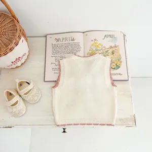 infant knit sweater vest baby sleeveless top pink trim toddler clothing detail view