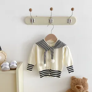 Cute baby striped sailor collar cardigan knit sweater for newborn infant girls autumn winter