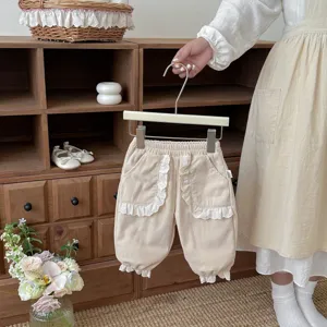 Toddler girls cute corduroy pants with delicate lace ruffles and comfortable cuffed hem design