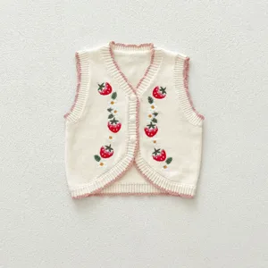 Toddler baby knit cardigan vest cute strawberry embroidery vintage button up sweater top