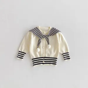 Baby girl striped sailor collar knit cardigan detail, cute white toddler sweater with pom-pom.