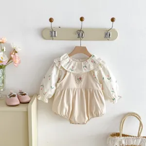 Carino neonata camicetta floreale e pantaloni con bretelle set, autunno stile coreano vestito.