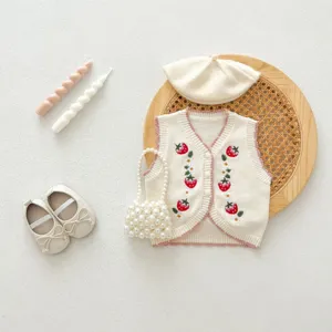 Baby knit strawberry embroidered vest set, cute toddler cardigan top with adorable sweet style.