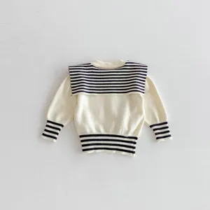 Detailed view of the cute baby knitted sweater featuring a stylish striped sailor collar.