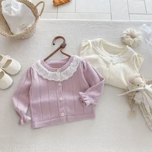 Infant baby girl knit cardigan with delicate lace collar, cute button-down autumn sweater top.