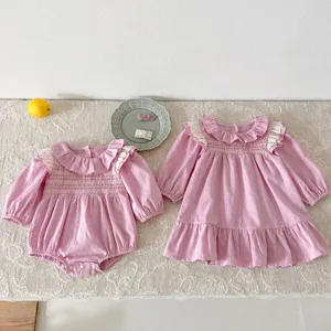 Set tutina vestito neonata rosa maniche lunghe dettaglio, colletto volant pizzo abbigliamento bimba.