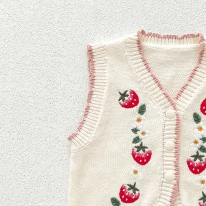 Baby knit vest with cute strawberry embroidery, v-neck open cardigan style for toddler girls.