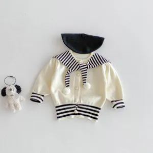 Infant baby knit cardigan sweater with sailor collar, cute stripe outerwear detail shot.
