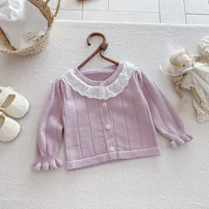 Baby Girl Knit Cardigan Toddler Cute Lace Collar Purple Sweater Autumn Korean Style Top
