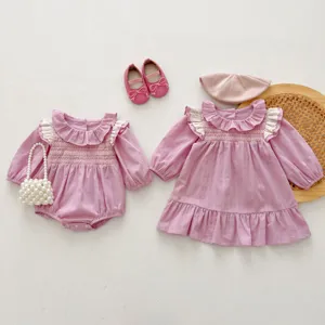 Bimba neonata vestito tutina manica lunga rosa dolce coordinato vestito sorelle