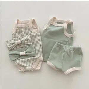 Ensemble bébé été coton mignon bretelles gilet body short bandeau respirant vêtements quotidiens.