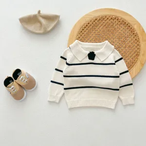 Infant baby knit sweater lapel striped toddler pullover top autumn winter toddler clothes