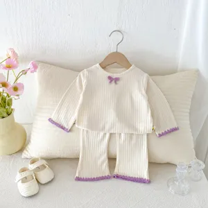 Baby girl ribbed top and flare pants two-piece set, cute purple ruffles loungewear autumn.