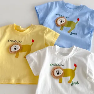 Cute infant toddler short sleeve t-shirt set, casual baby summer clothes with 3d lion.