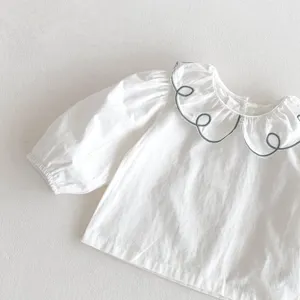 Baby girl white long sleeve blouse with cute embroidered collar and puff sleeves top
