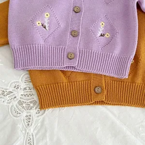 Baby girl knit cardigan with floral embroidery and wooden buttons, long sleeve autumn top.