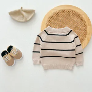Infant baby striped knitted sweater, cute lapel collar, soft material, flat lay style.