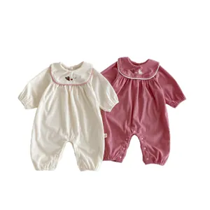 Combinaison bébé fille en velours côtelé style coréen avec col brodé lapin et manches longues