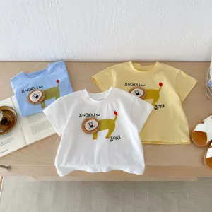 Infant short sleeve t-shirt detail, cute 3D lion design, soft cotton baby summer top.