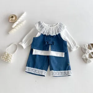 Toddler girl cute three-piece denim vest lace blouse and shorts set spring children clothing