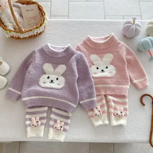 Cute infant winter fleece pajama set for baby girls, cozy bunny plush top and pants two-piece.
