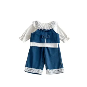 Girls spring denim three-piece set with white lace blouse and cute bow vest for kids