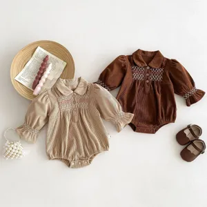 Cute baby corduroy rompers with exquisite smocked embroidery, long sleeves, comfortable.