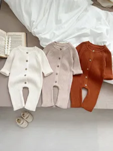 Baby Unisex Langarm Gestrickter Strampler Neugeborenes Säugling Einfarbig Gestreift Einreihig Baumwolle Jumpsuit Frühling Herbst