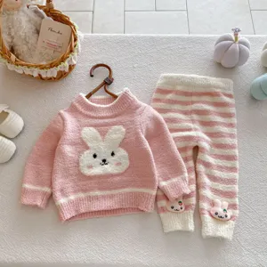 Infant winter cute rabbit velvet pajama set, pink fuzzy top and striped pants for baby girls.