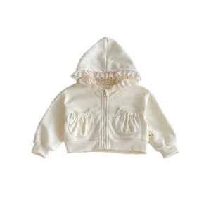 Leuke Baby Meisje Bloemige Kant Capuchon Rits Sweatshirt Herfst Crème Jas Voor Kids