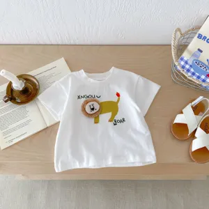 Infant white short-sleeve t-shirt detail featuring cute 3D lion graphic and fun lettering.
