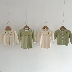 Infant baby handmade floral knit cardigan romper long sleeve cute autumn winter baby clothes