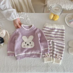 Cute baby girl plush pajama set featuring a purple rabbit top and striped trousers for autumn.