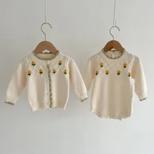 Infant baby knitted cardigan romper set cute floral embroidery long sleeve cotton baby clothes