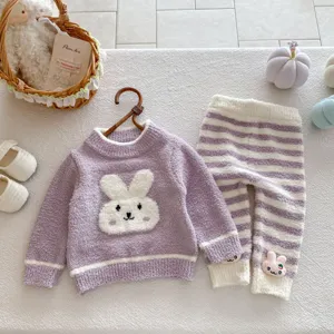 Cute baby winter velvet rabbit pajama set, plush thermal top and striped pants for girls.