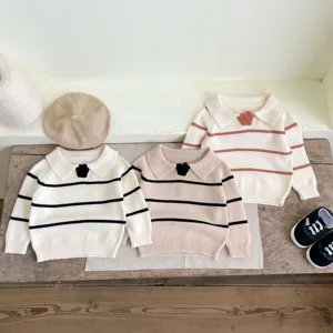 Baby knit sweater autumn Korean style lapel striped toddler pullover top detail shot showcase